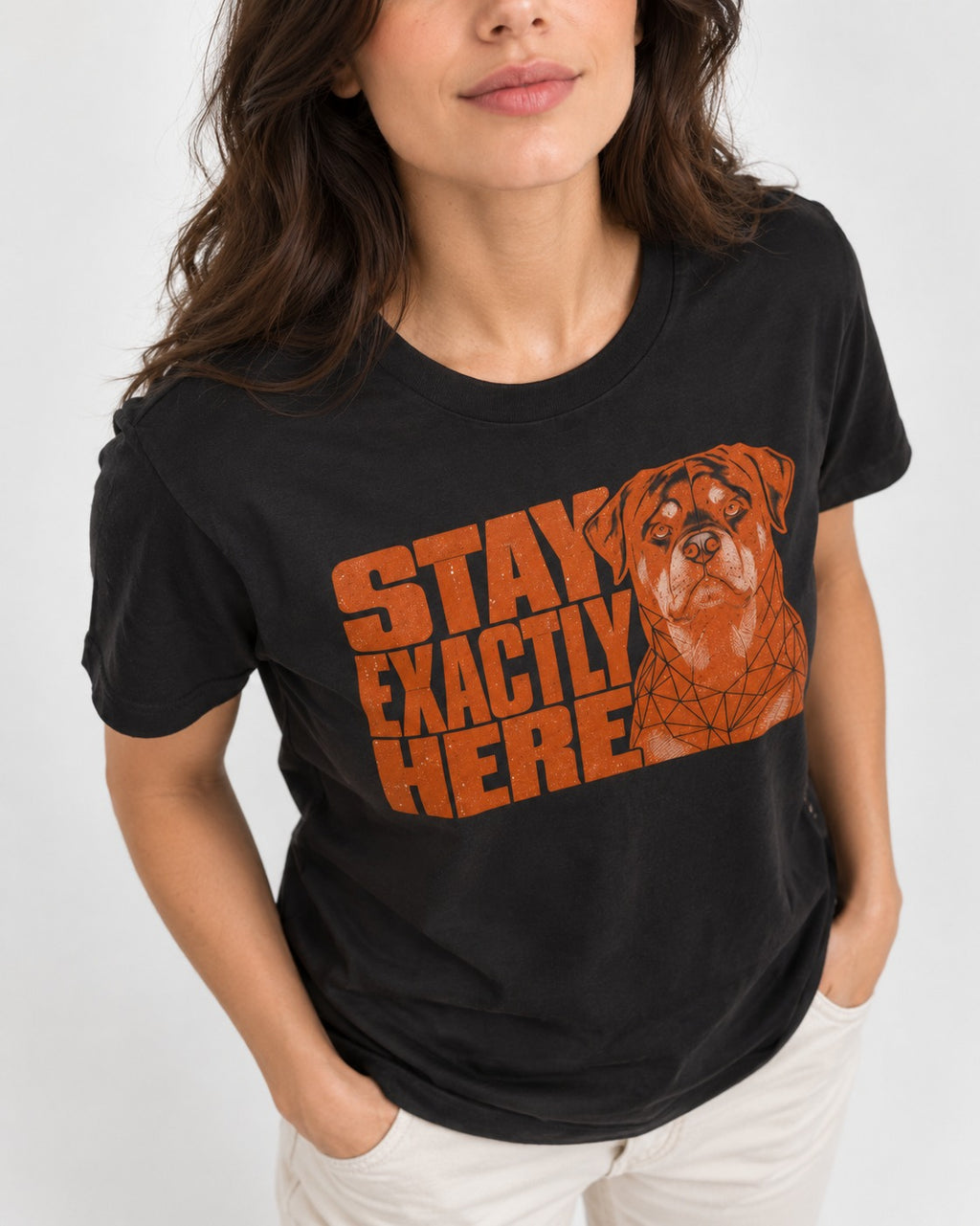 Rottweiler Stay Exactly Here Block Portrait Graphic T-Shirt in Black, worn by a model, front view