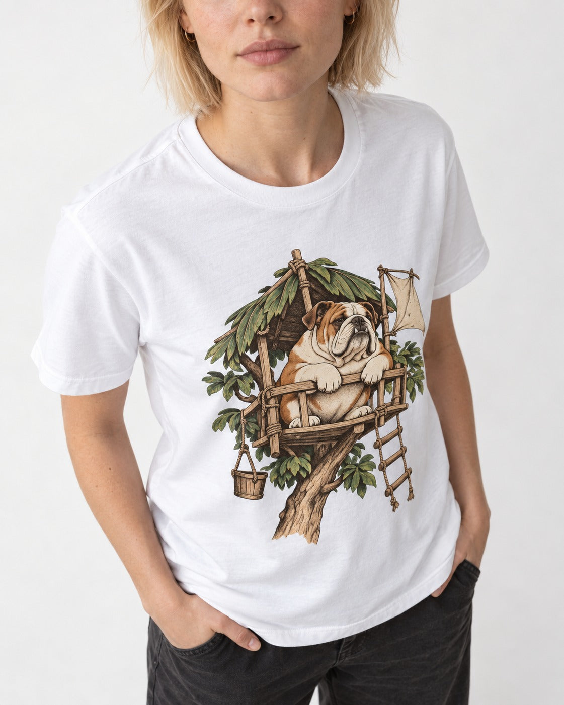 English Bulldog Above It All T-Shirt in White, worn by a model, front view