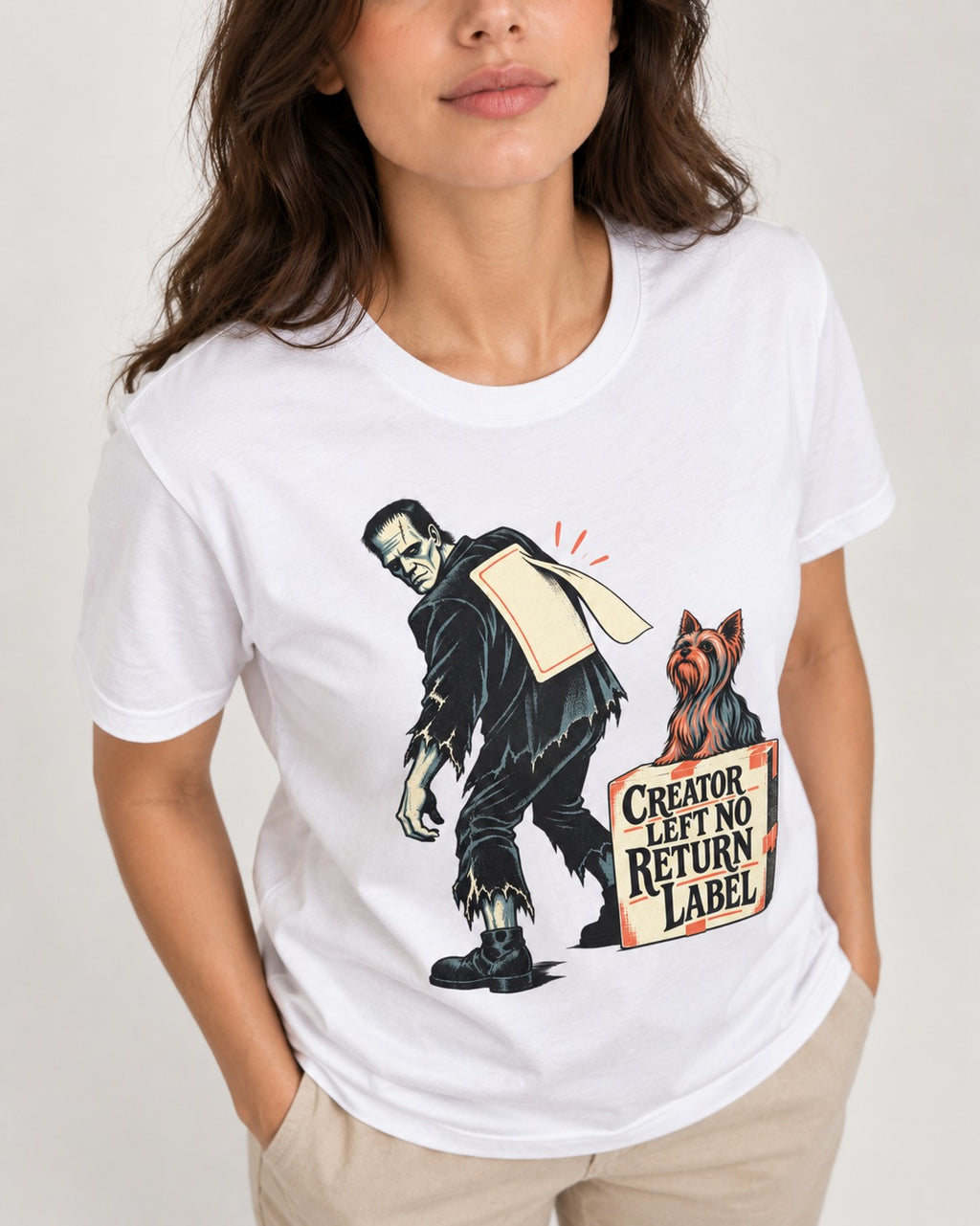 No Return Label Yorkshire Terrier T-Shirt in White, worn by a model, front view