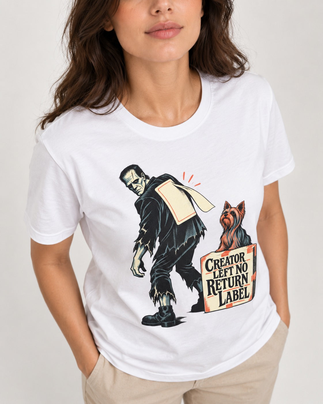 No Return Label Yorkshire Terrier T-Shirt in White, worn by a model, front view