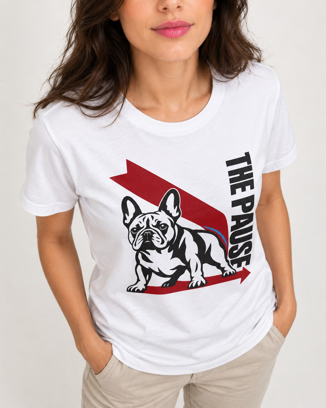 The Frenchie Pause T-Shirt in White, worn by a model, front view