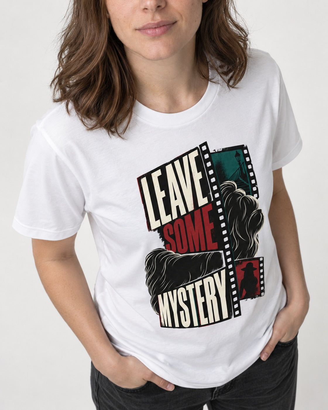 Leave Some Mystery Shih Tzu T-Shirt in White, worn by a model, front view