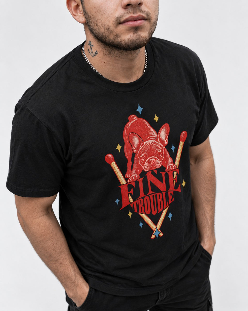 Fine Trouble Boston Terrier Matchstick Graphic T-Shirt in Black, worn by a model, front view