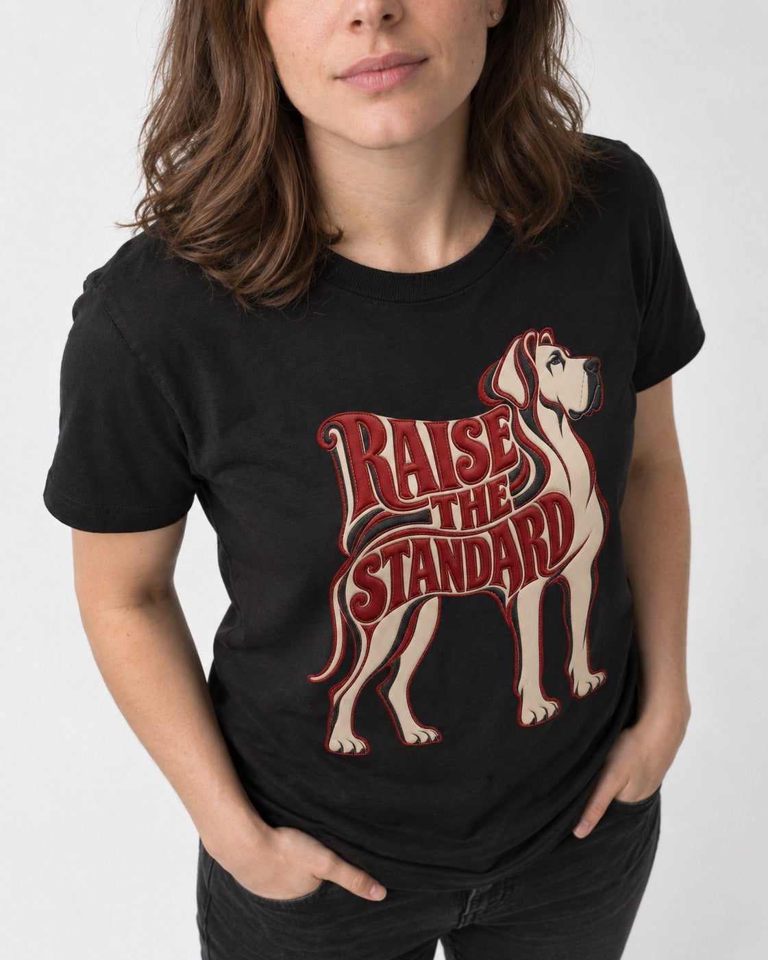 Great Dane Raise the Standard Typography Graphic T-Shirt in Black, worn by a model, front view
