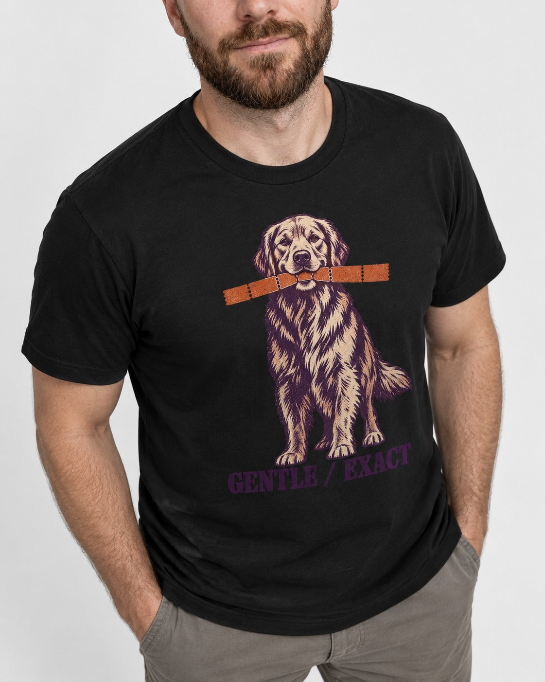 Golden Retriever Gentle Exact Paper Bridge Graphic T-Shirt in Black, worn by a model, front view