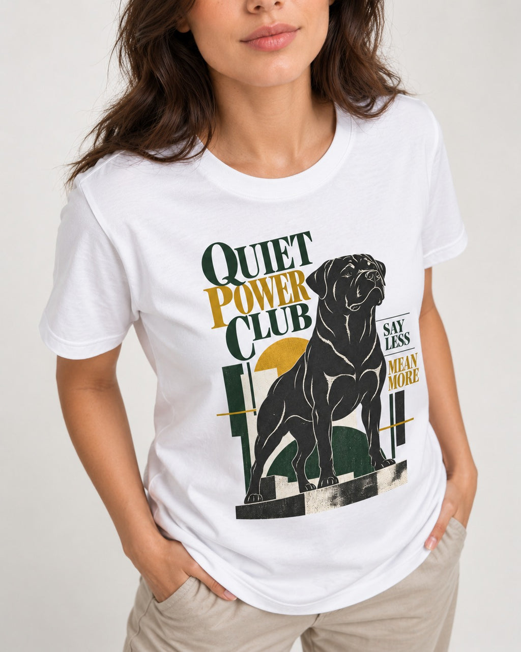 Rottweiler Quiet Power Club T-Shirt in White, worn by a model, front view