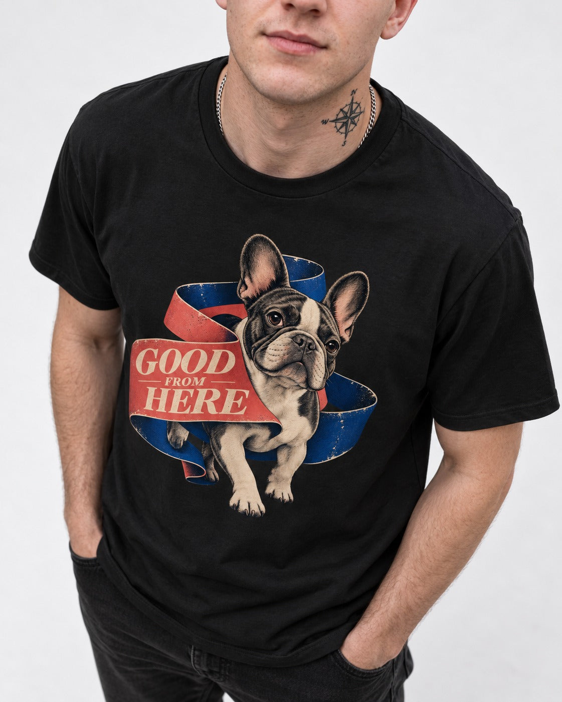 Frenchie Good From Here Ribbon Graphic T-Shirt in Black, worn by a model, front view