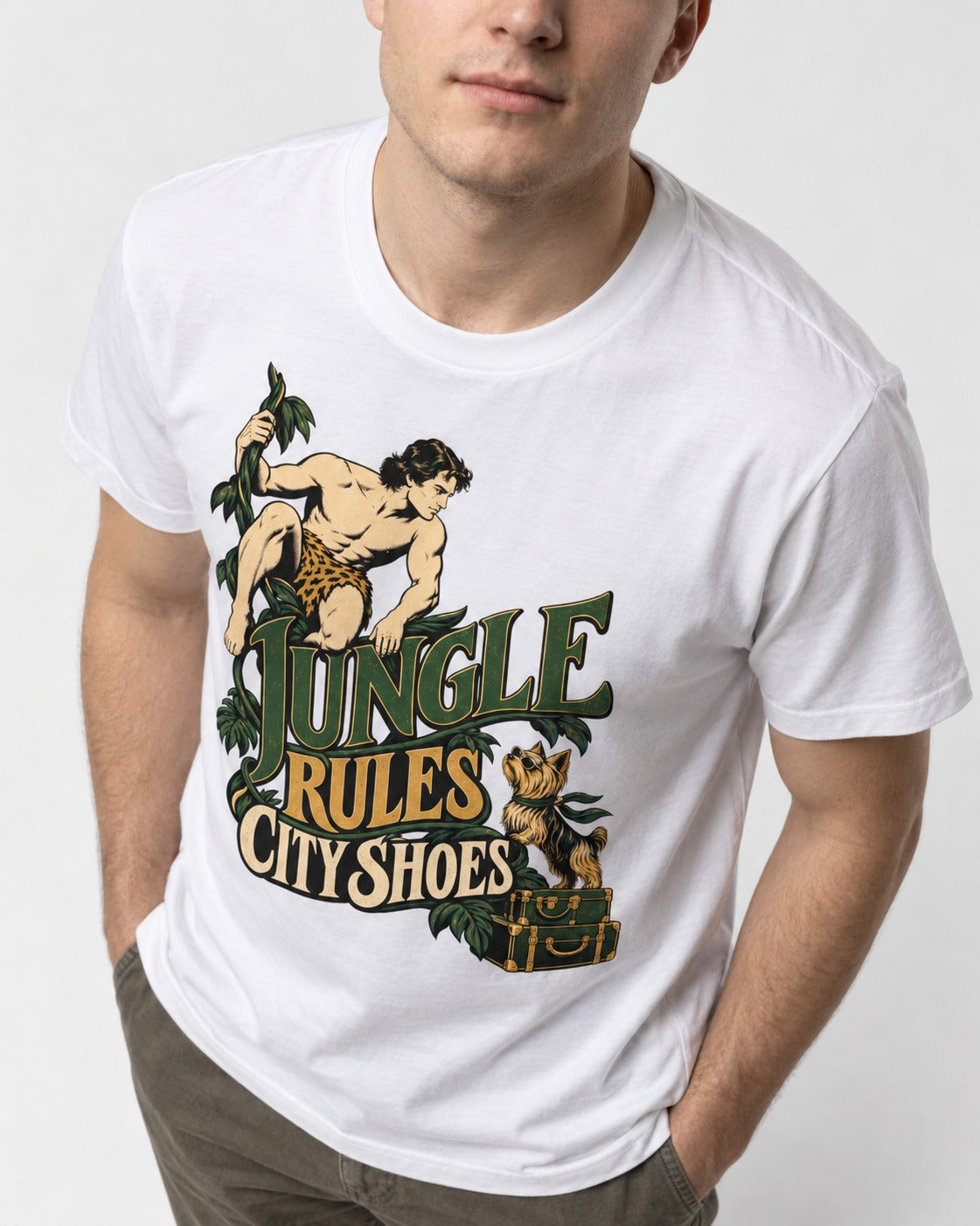 Jungle Rules City Shoes Yorkshire Terrier T-Shirt in White, worn by a model, front view