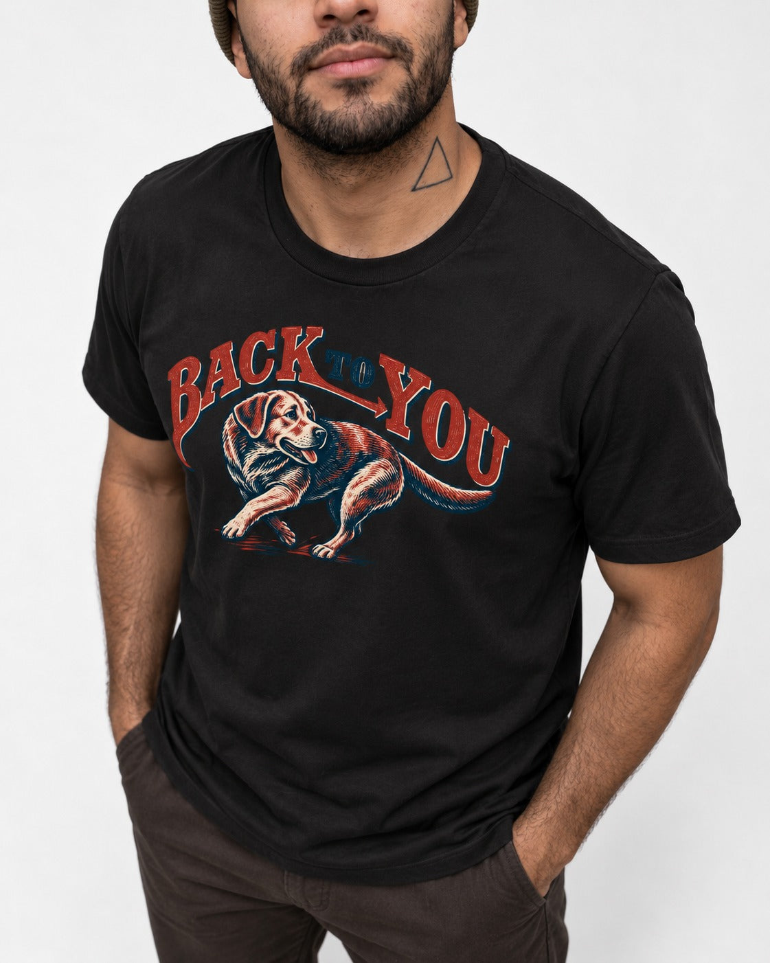 Labrador Retriever Back to You Turning Graphic T-Shirt in Black, worn by a model, front view