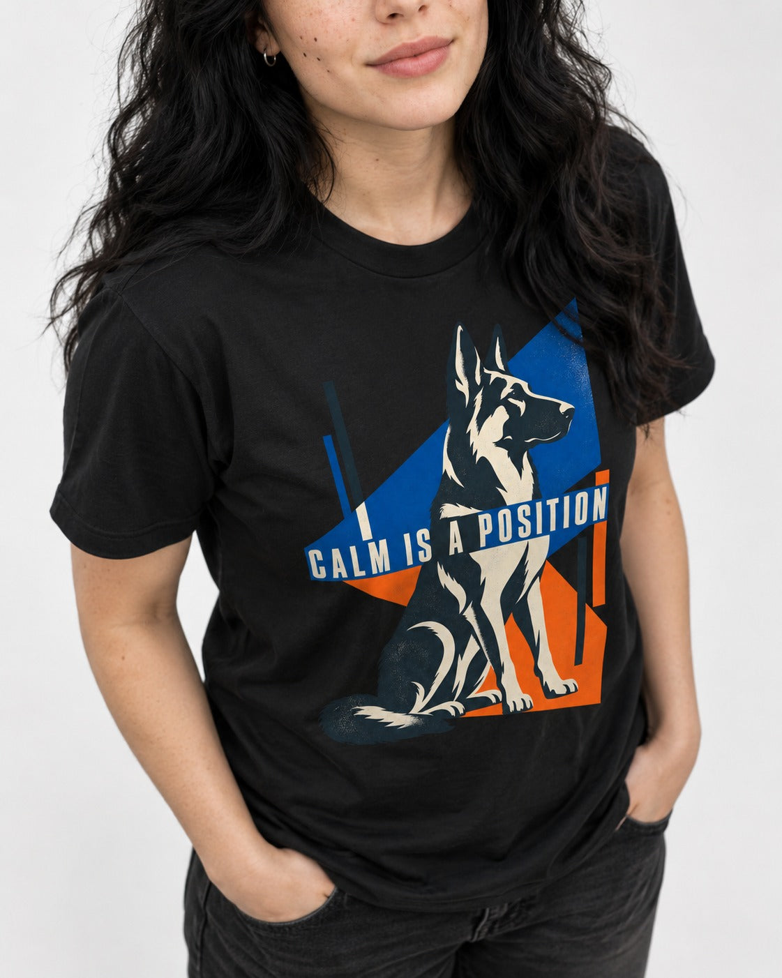 Calm Is A Position Geometric German Shepherd Dog Graphic T-Shirt in Black, worn by a model, front view