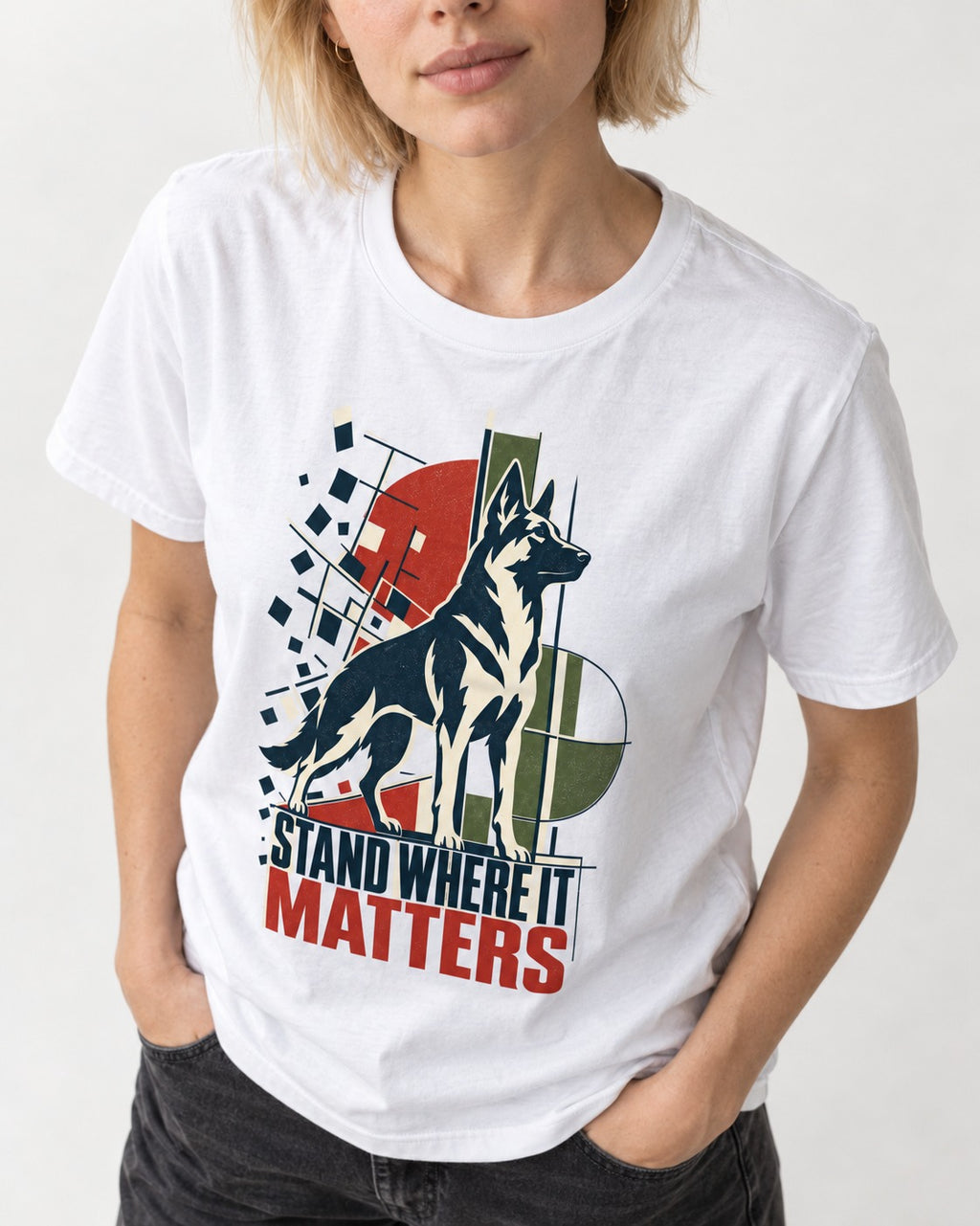 Stand Where It Matters German Shepherd Dog T-Shirt in White, worn by a model, front view