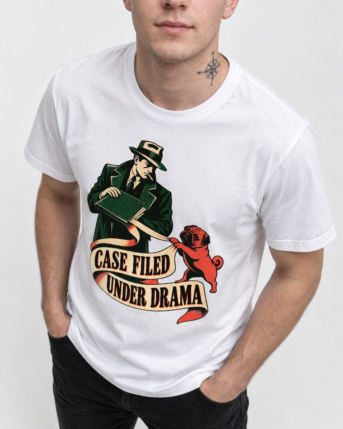 Pug Case Filed Under Drama T-Shirt in White, worn by a model, front view
