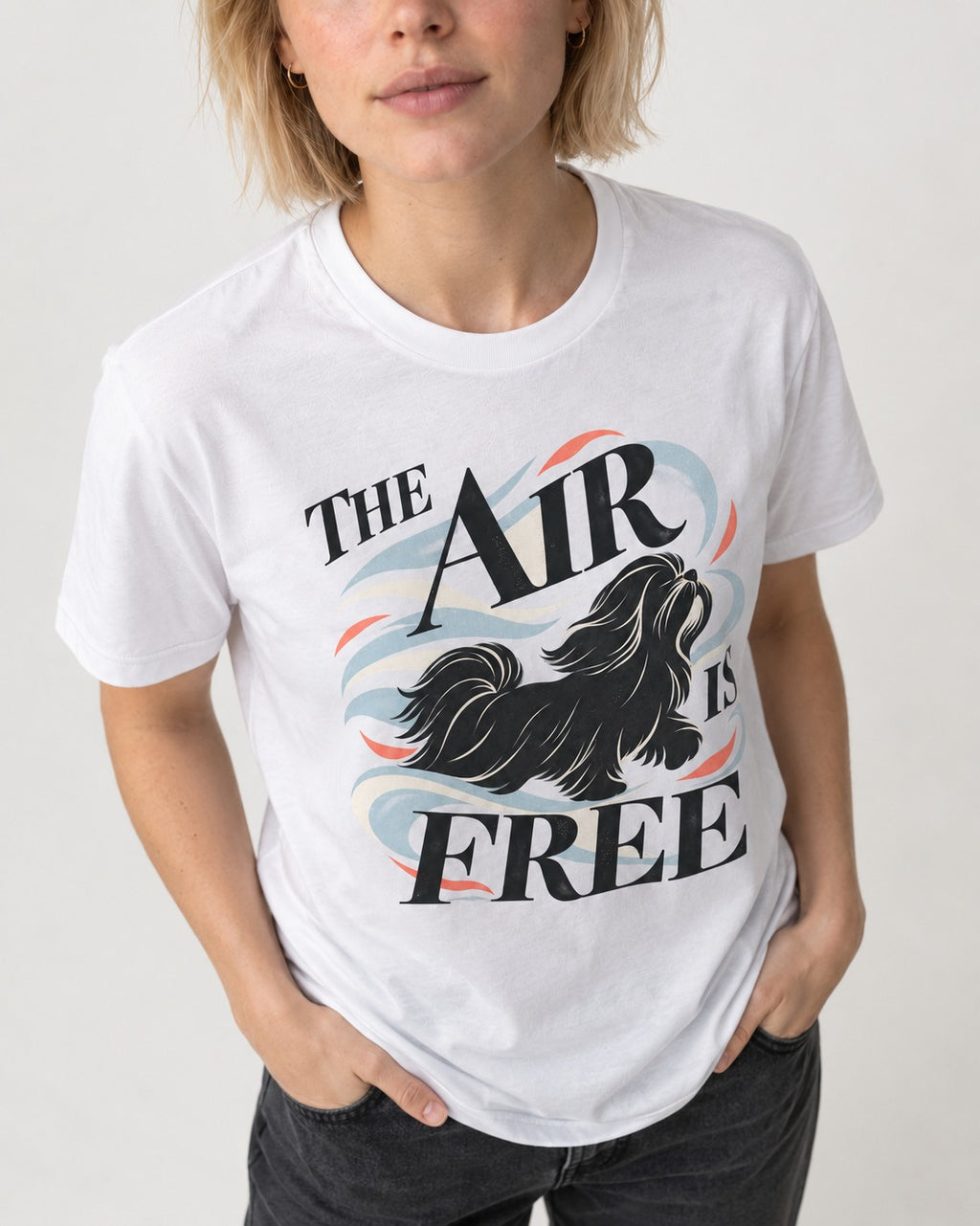 The Air Is Free Shih Tzu T-Shirt in White, worn by a model, front view