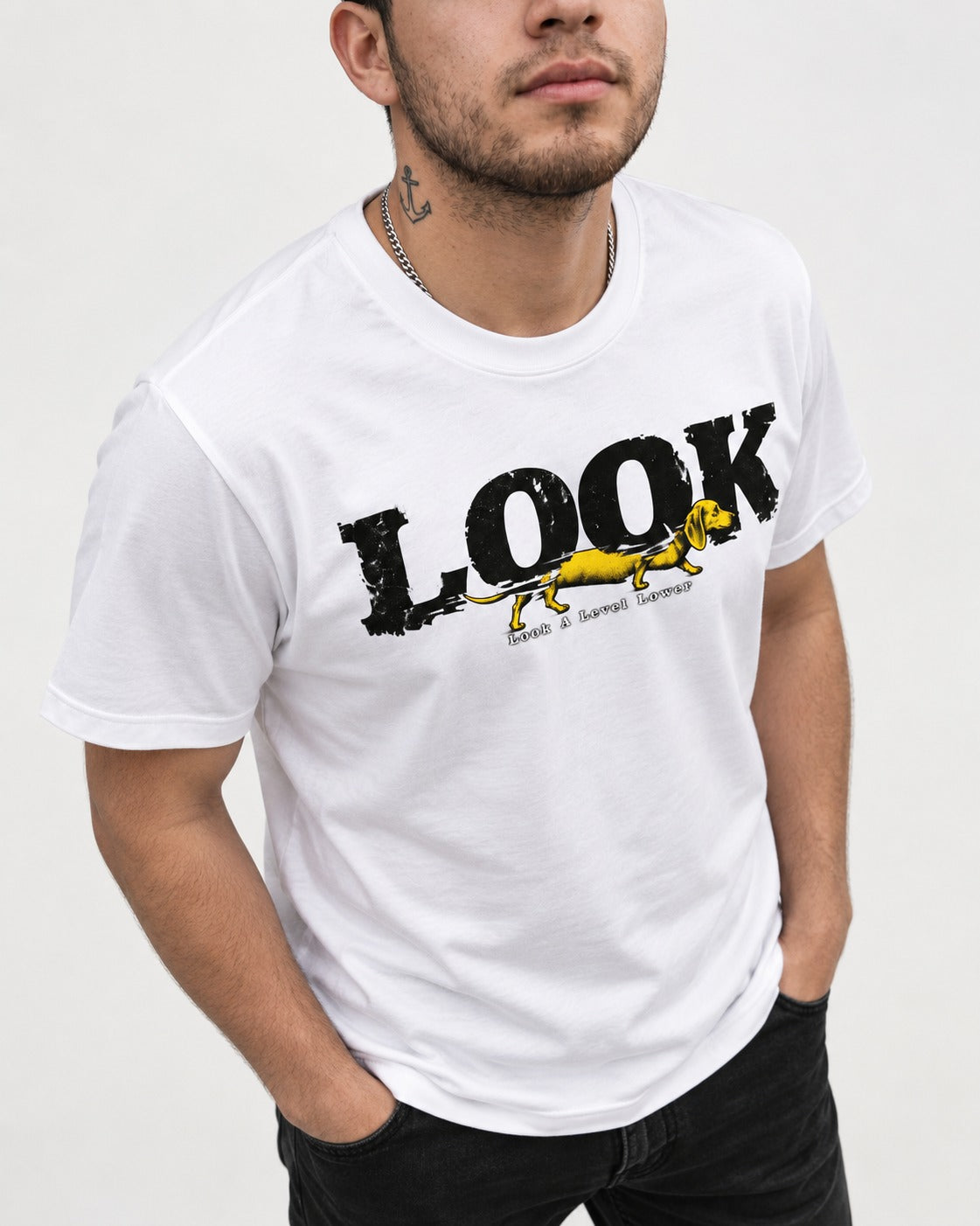 Look Lower for Dachshund T-Shirt in White, worn by a model, front view