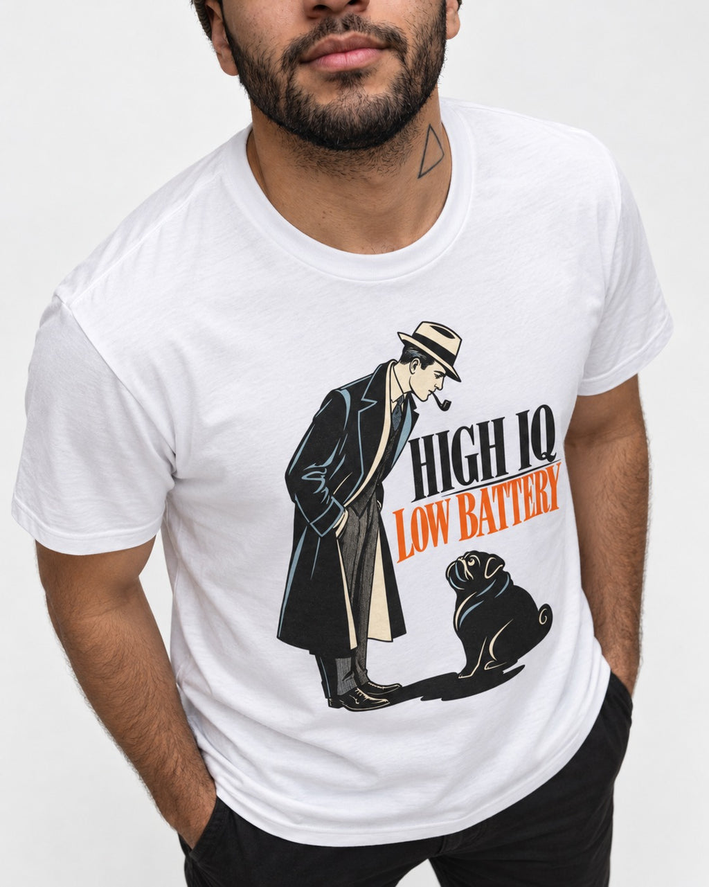High Iq Low Battery Pug T-Shirt in White, worn by a model, front view