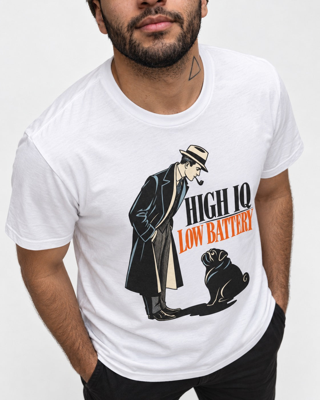 High Iq Low Battery Pug T-Shirt in White, worn by a model, front view