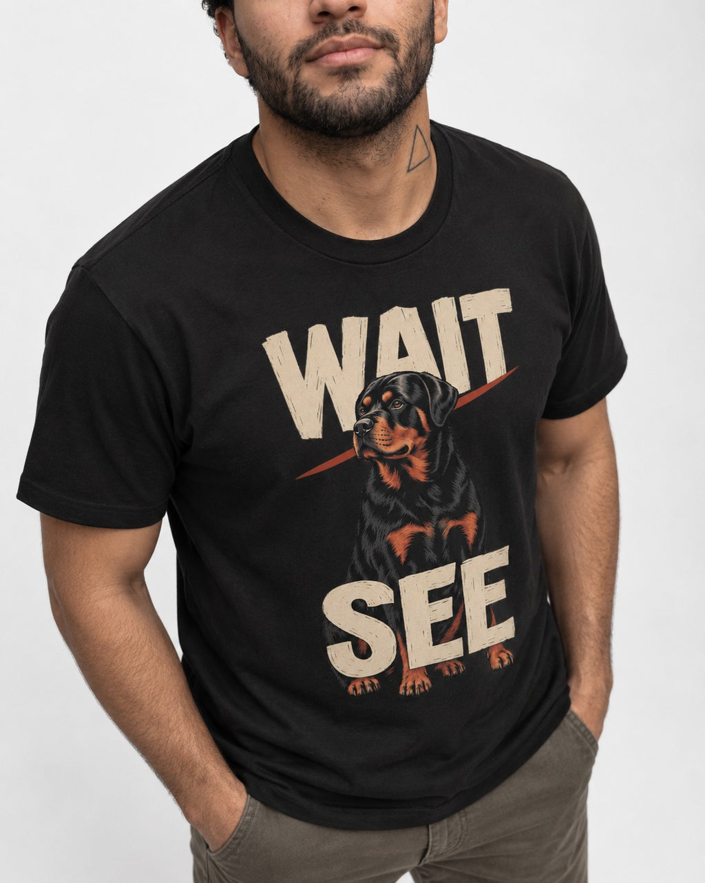Wait See Rottweiler Seated Slash Graphic T-Shirt in Black, worn by a model, front view