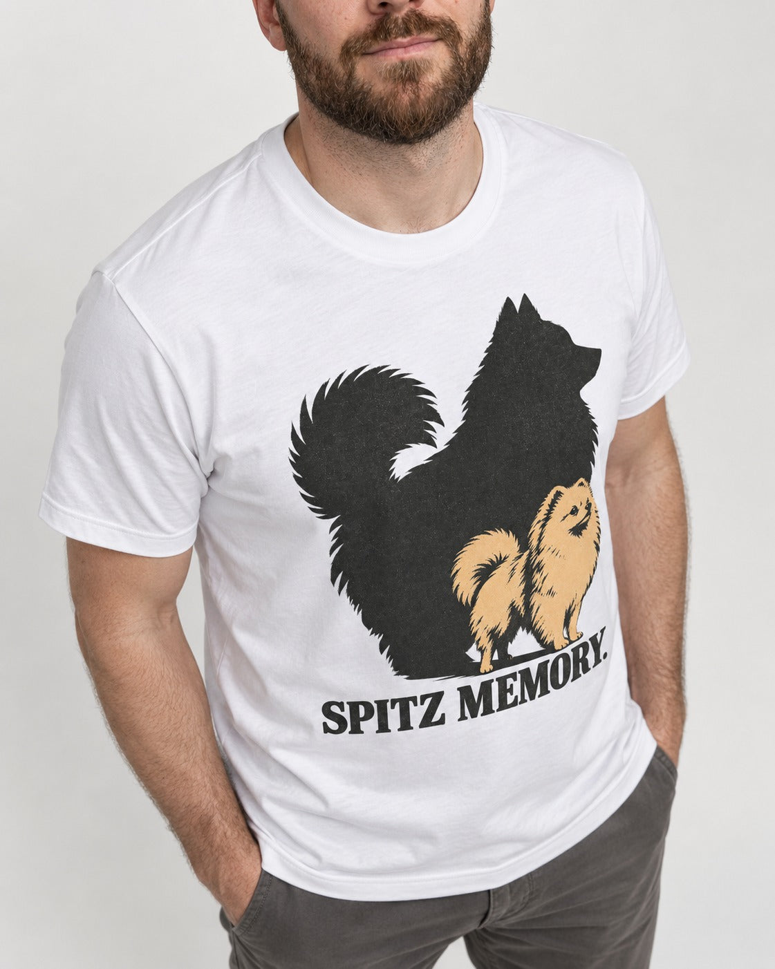 Pomeranian Spitz Memory T-Shirt in White, worn by a model, front view