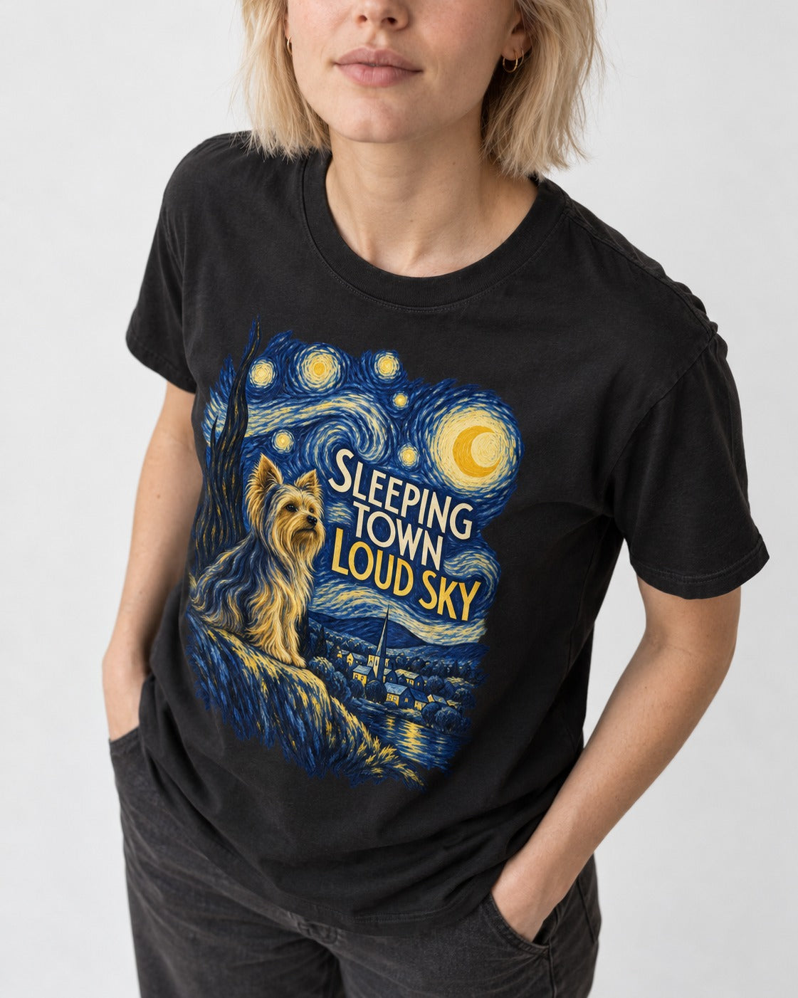 Yorkshire Terrier Sleeping Town Loud Sky Starry Night Graphic T-Shirt in Black, worn by a model, front view