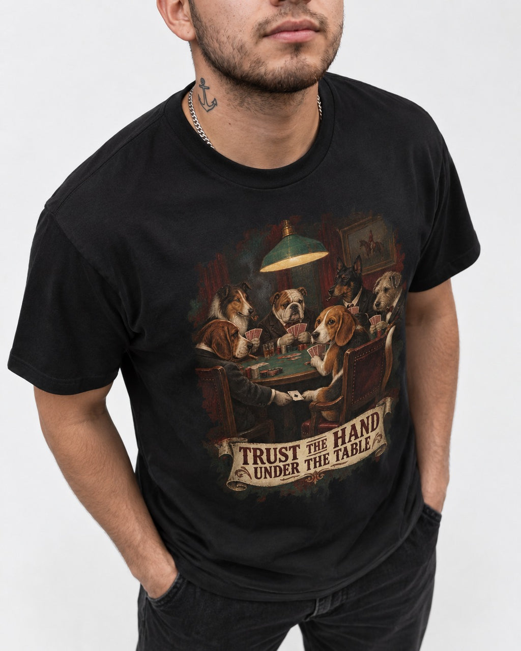 Trust The Hand Under The Table Beagle Poker Night T-Shirt in Black, worn by a model, front view