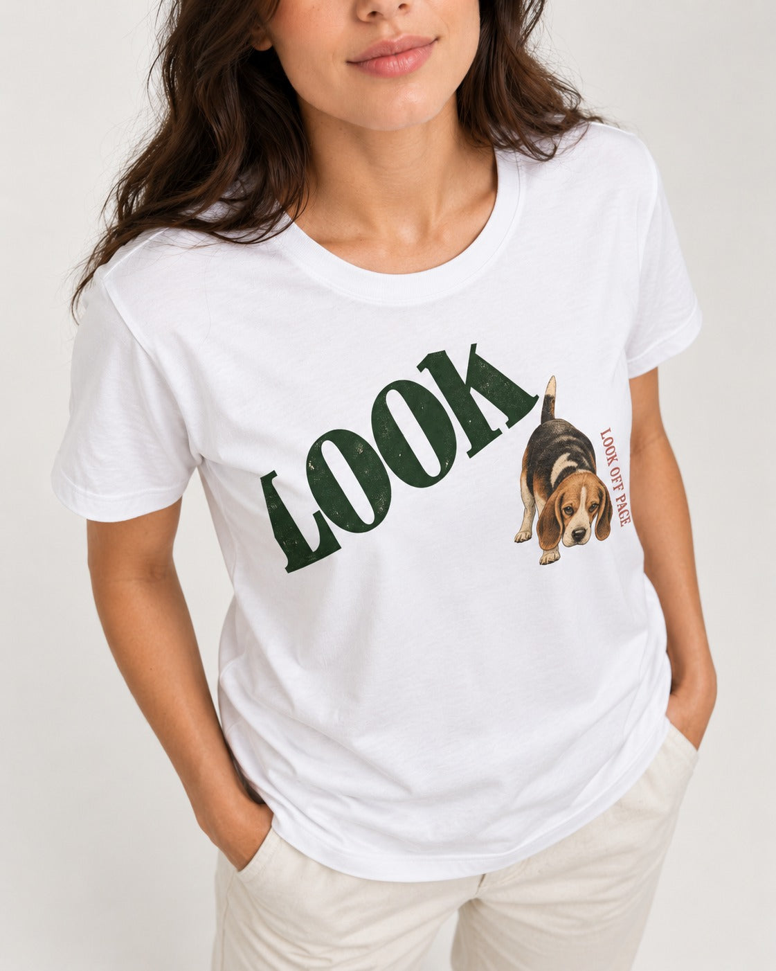 Beagle Look Off Page T-Shirt in White, worn by a model, front view