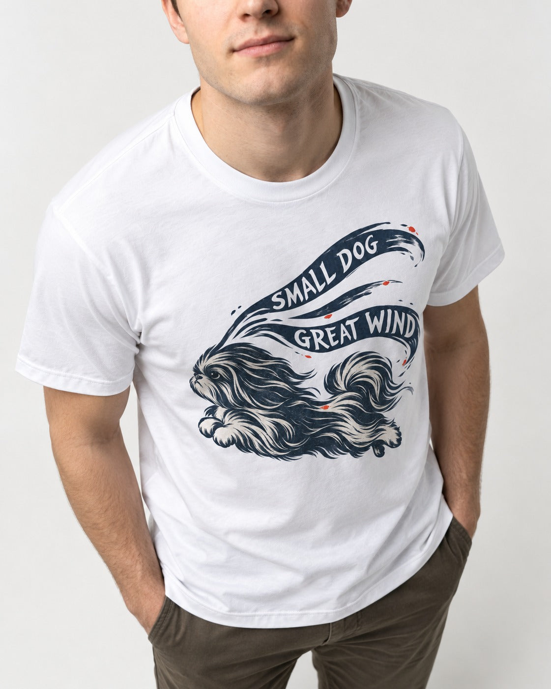 Small Shih Tzu Great Wind T-Shirt in White, worn by a model, front view