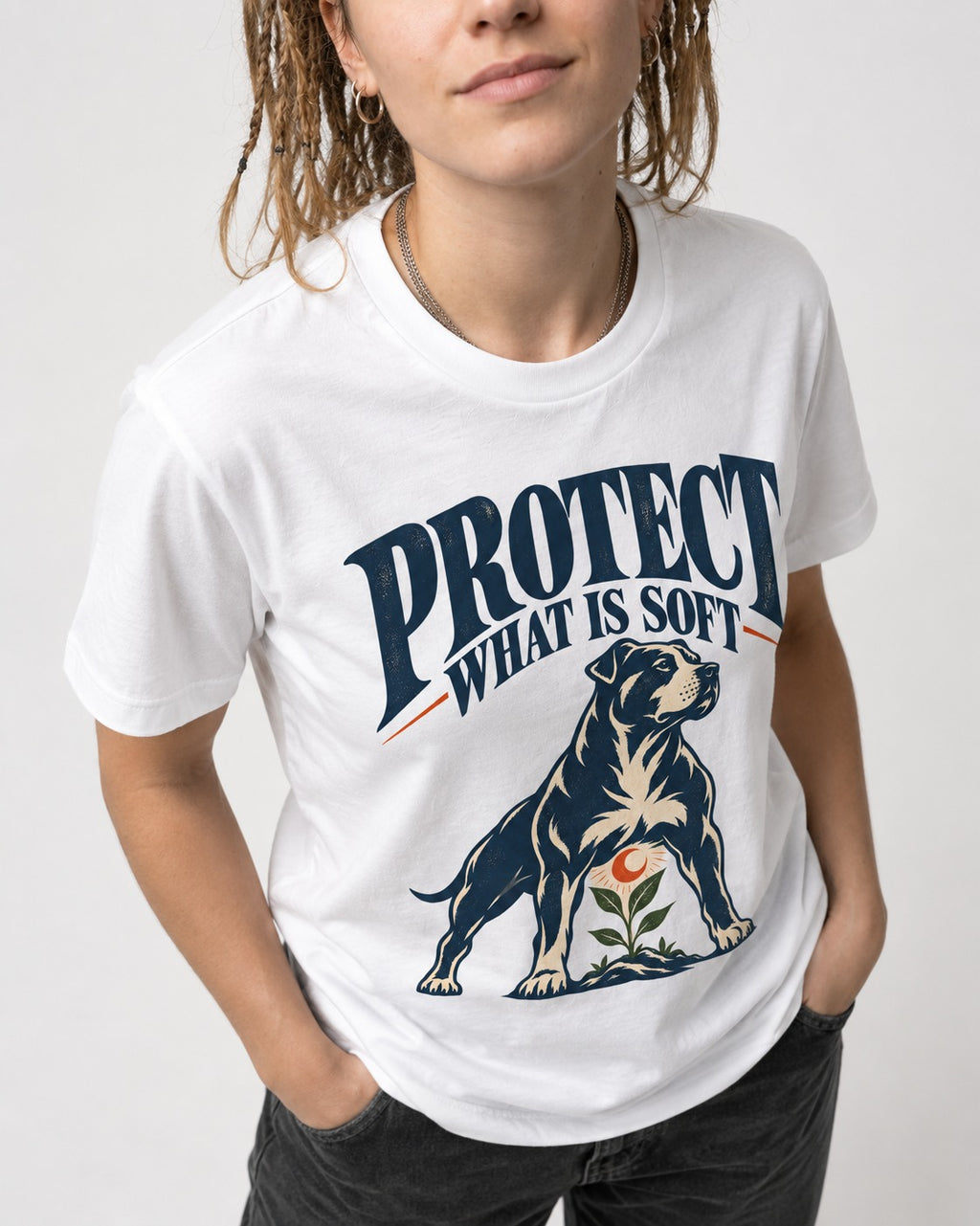 Protect What Is Soft Pitbull T-Shirt in White, worn by a model, front view