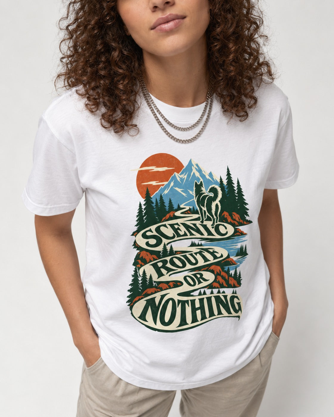 Husky Scenic Route or Nothing T-Shirt in White, worn by a model, front view
