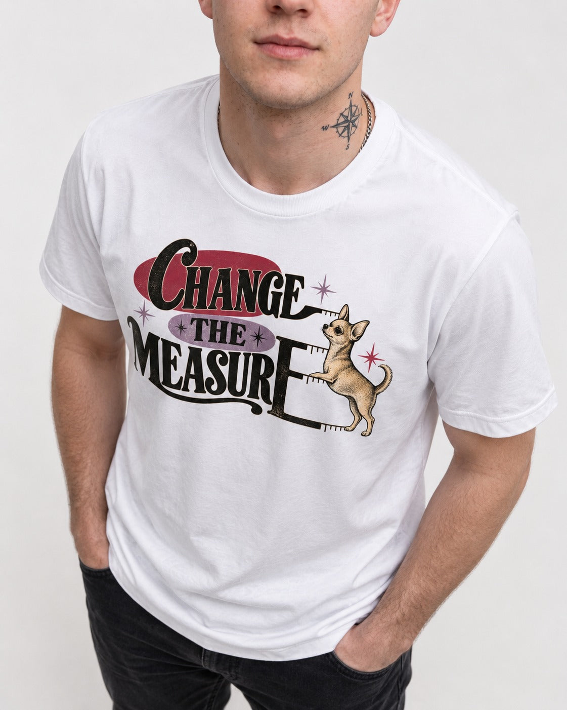 Change the Measure Chihuahua T-Shirt in White, worn by a model, front view