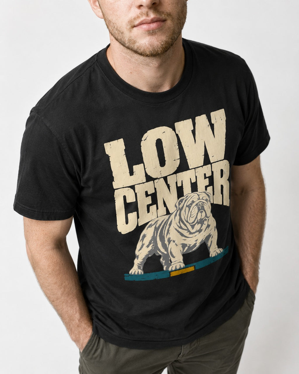 English Bulldog Low Center Stance Graphic T-Shirt in Black, worn by a model, front view