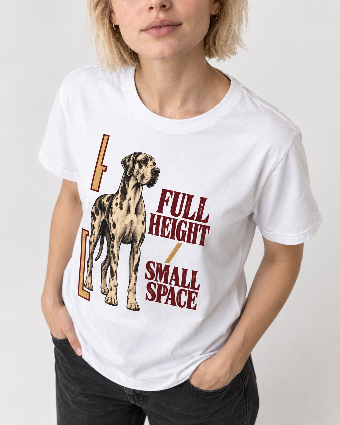 Great Dane Full Height Small Space T-Shirt in White, worn by a model, front view
