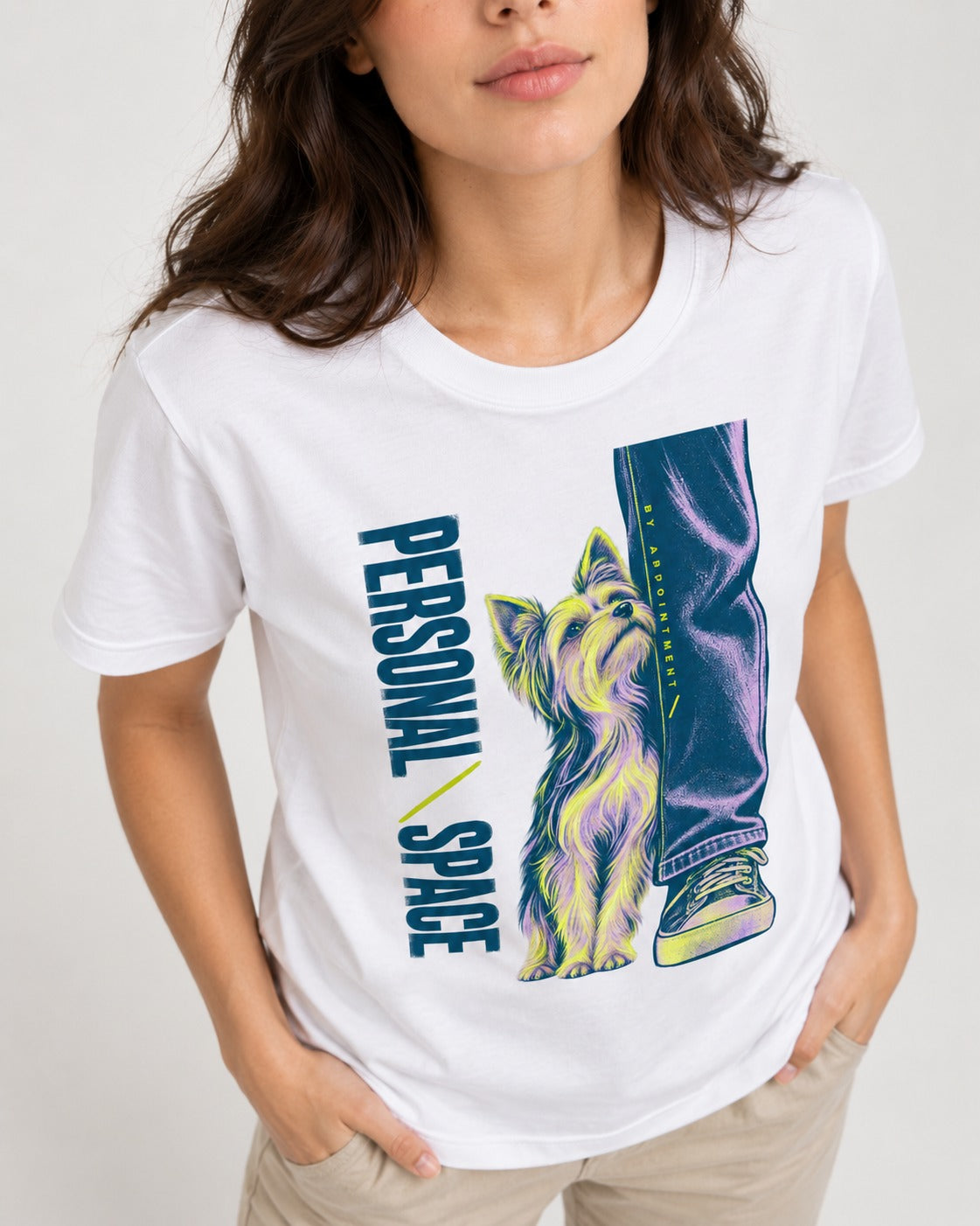 Yorkshire Terrier Personal Space by Appointment T-Shirt in White, worn by a model, front view