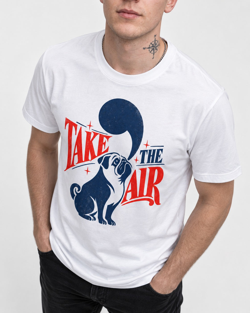 Pug Take the Air T-Shirt in White, worn by a model, front view