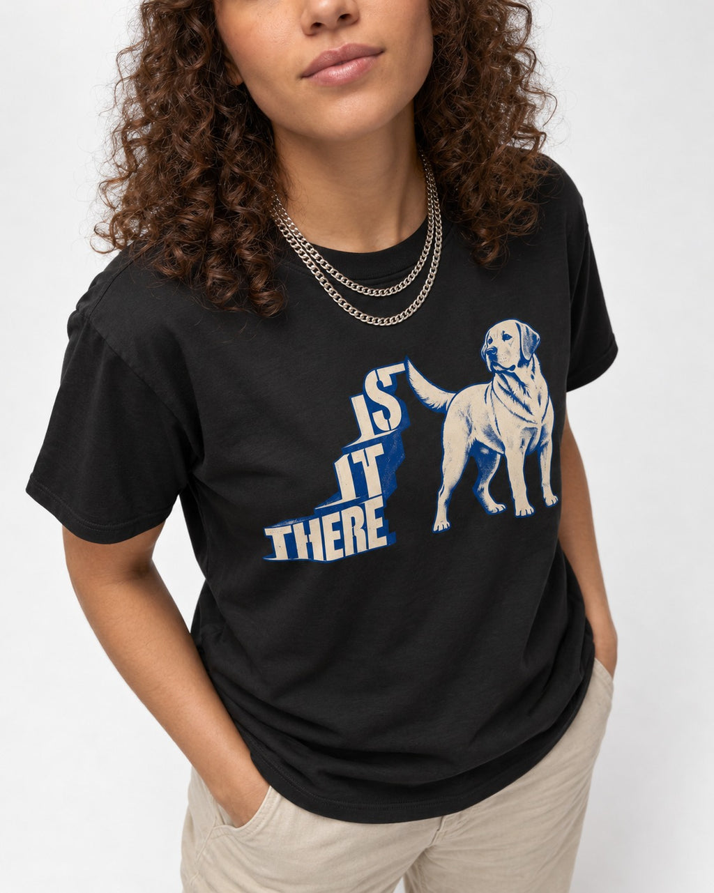 Labrador Retriever Is It There Stair-Step Graphic T-Shirt in Black, worn by a model, front view