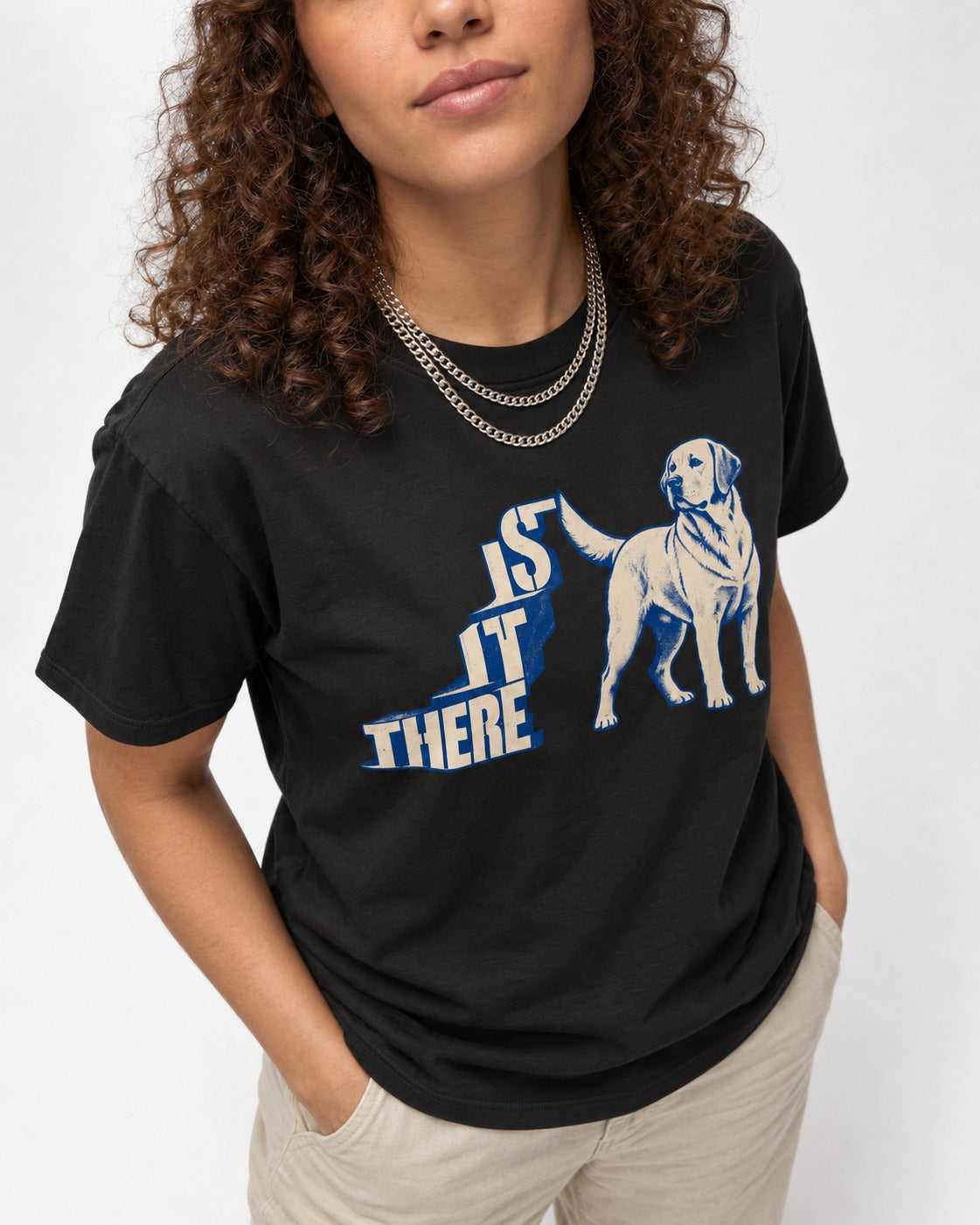 Labrador Retriever Is It There Stair-Step Graphic T-Shirt in Black, worn by a model, front view