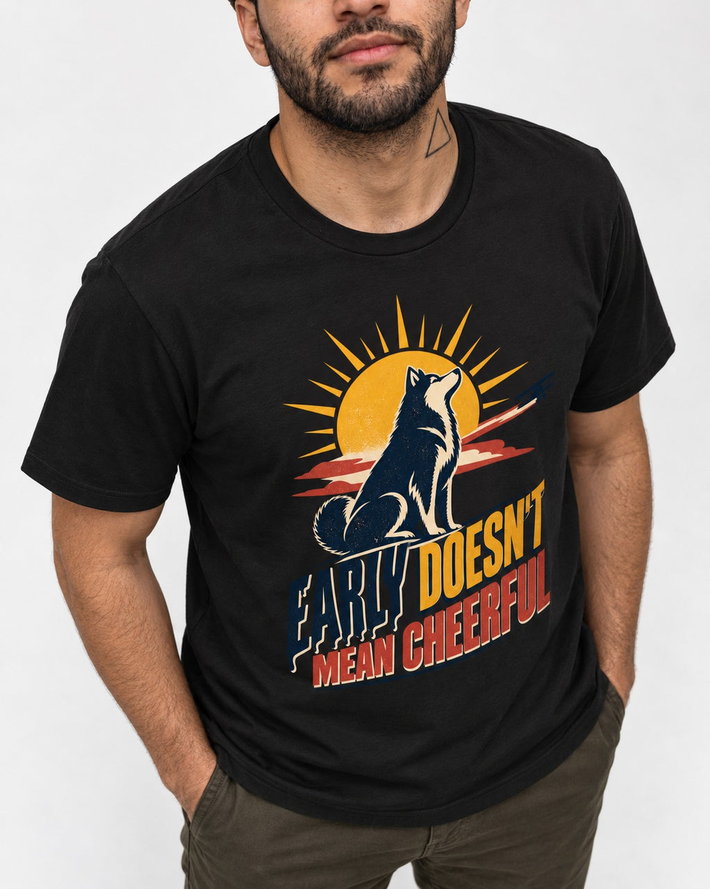 Husky Early Doesnt Mean Cheerful Sunrise Airplane Graphic T-Shirt in Black, worn by a model, front view
