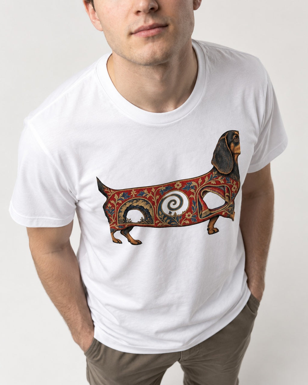 Dachshund Ever After T-Shirt in White, worn by a model, front view