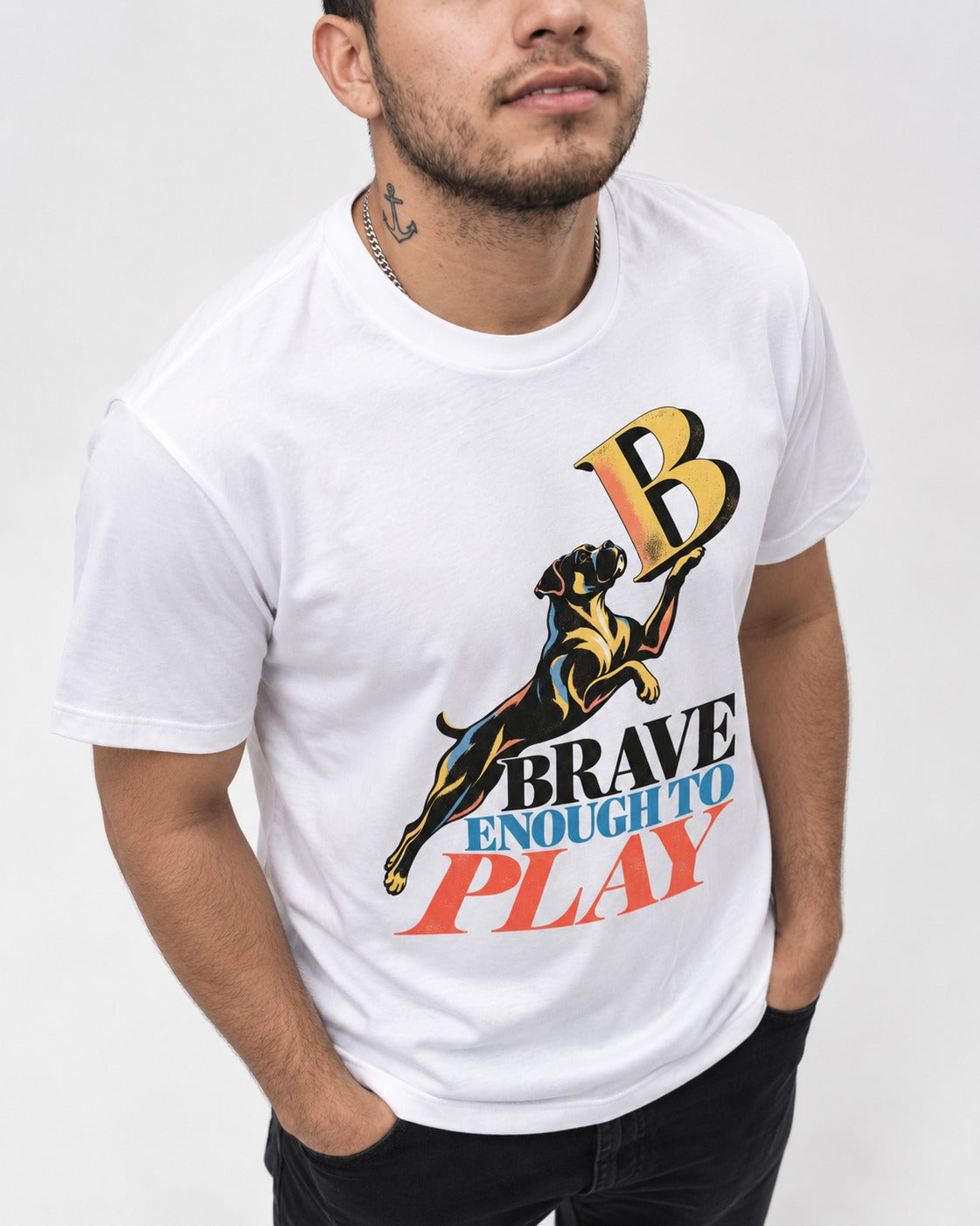 Boxer Brave Enough to Play T-Shirt in White, worn by a model, front view