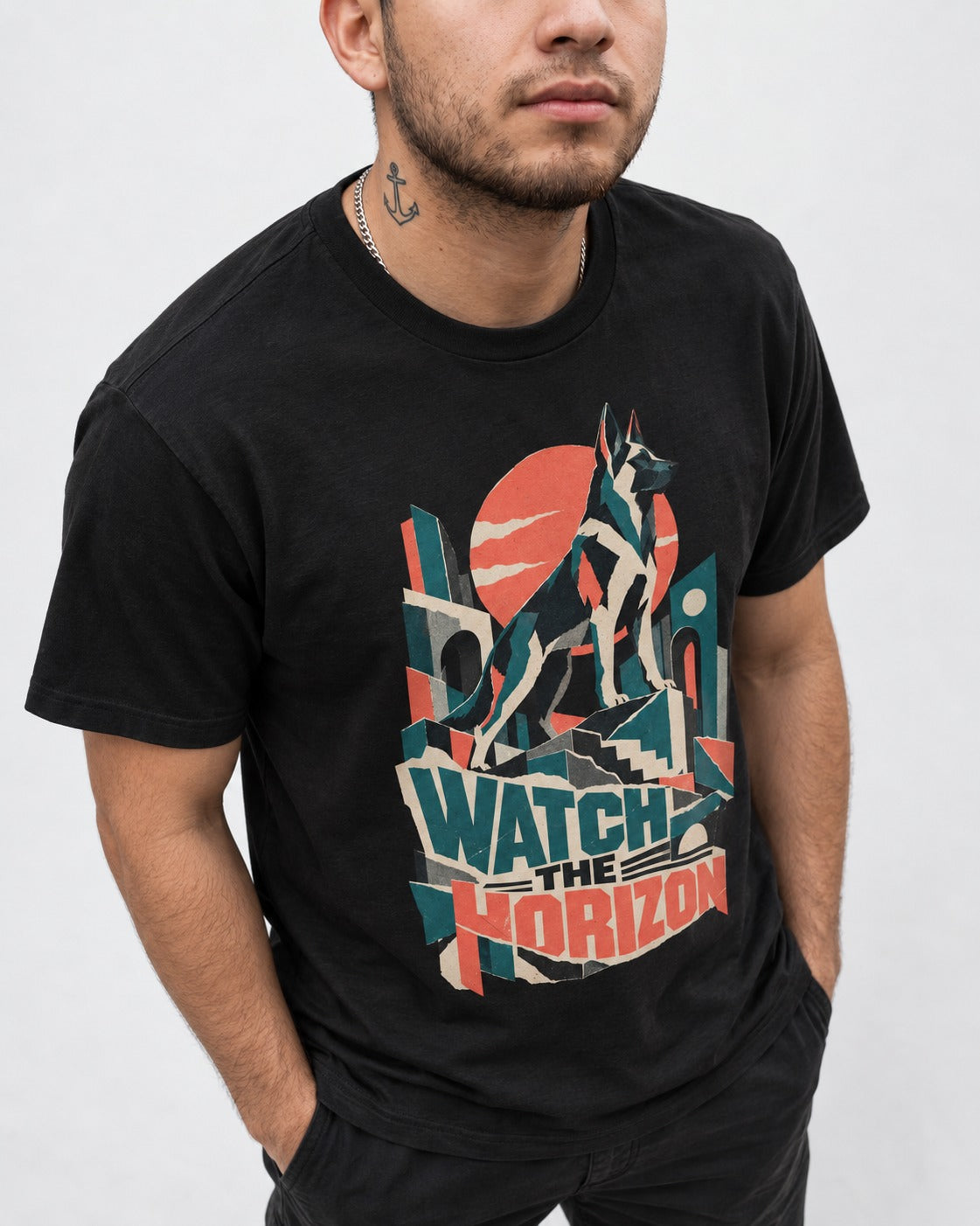 Watch The Horizon Cut Paper Cityscape German Shepherd Dog Graphic T-Shirt in Black, worn by a model, front view