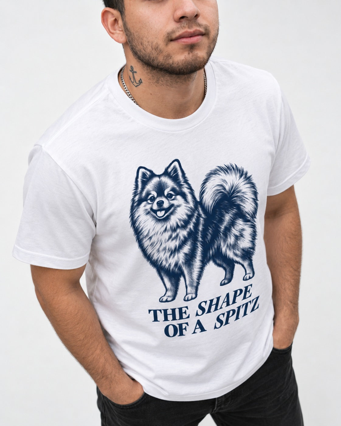 The Shape of a Pomeranian T-Shirt in White, worn by a model, front view