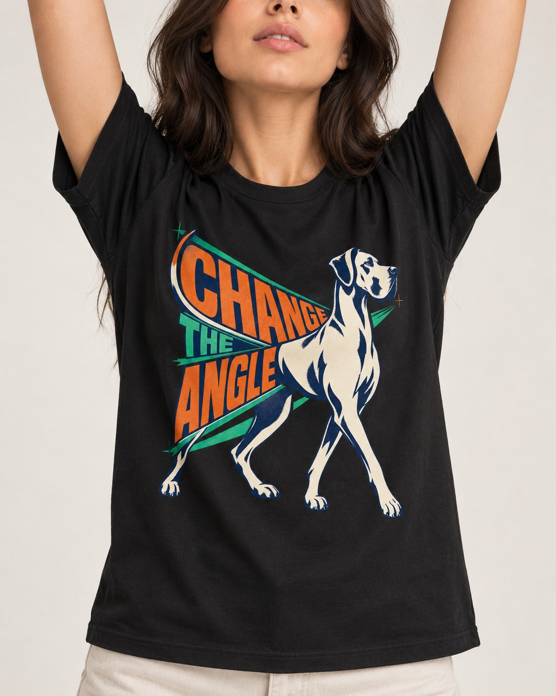 Great Dane Change the Angle Walking Graphic T-Shirt in Black, worn by a model, front view