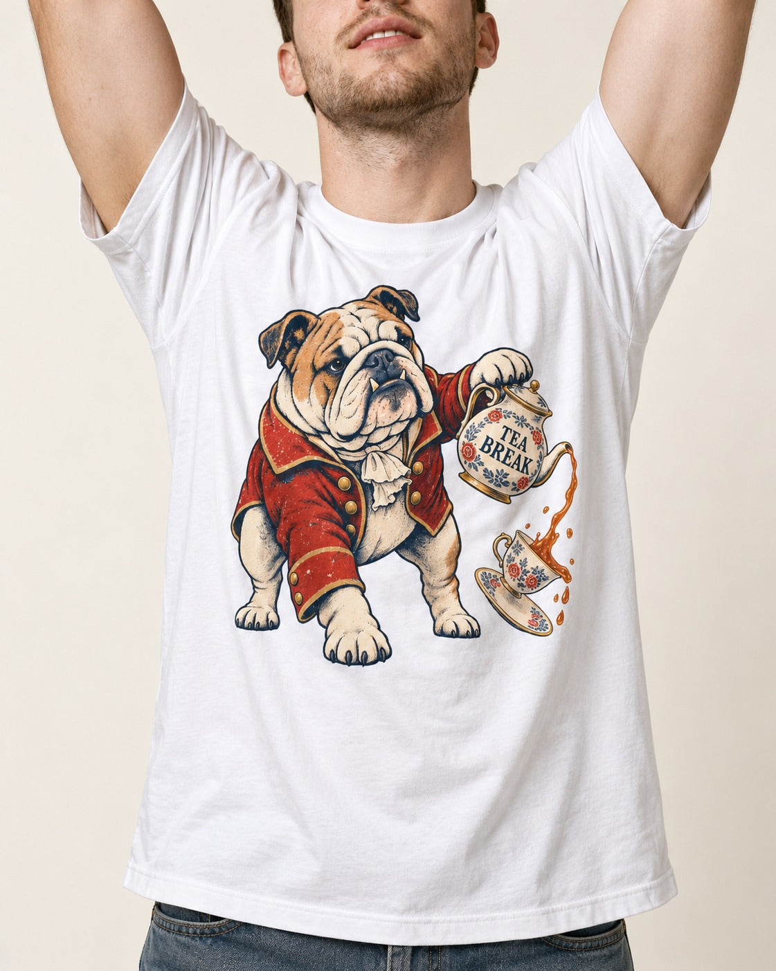English Bulldog Tea Break T-Shirt in White, worn by a model, front view