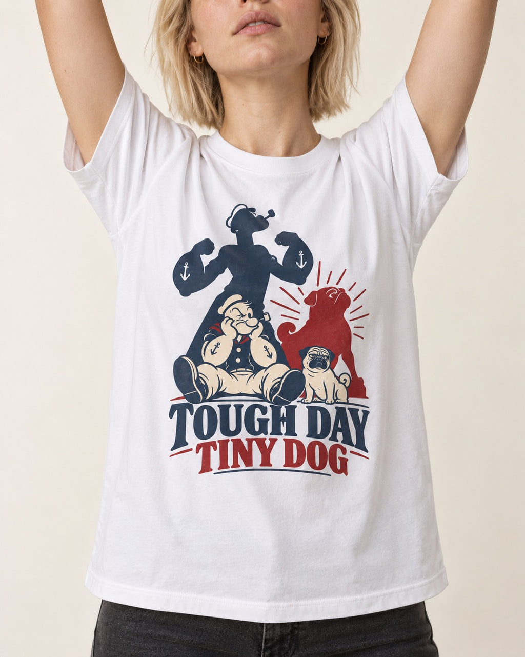 Tough Day Tiny Pug T-Shirt in White, worn by a model, front view