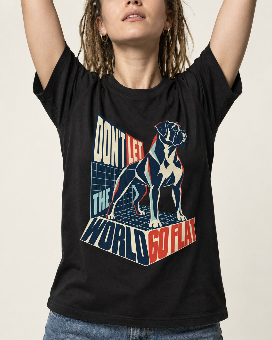 Don't Let the World Go Flat Boxer Perspective Grid Graphic T-Shirt in Black, worn by a model, front view