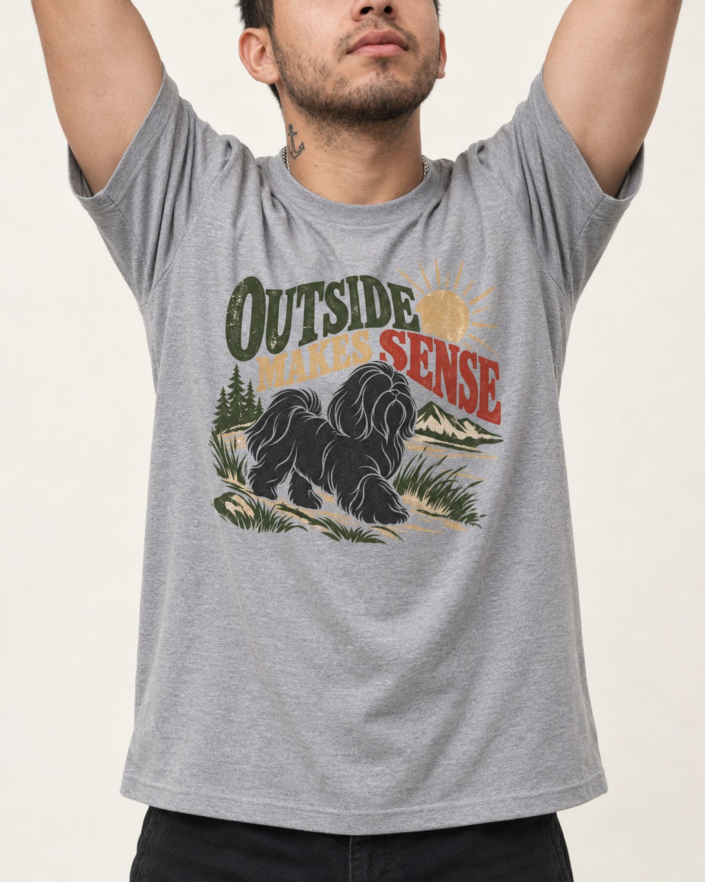 Shih Tzu Outside Makes Sense Mountain Trail Graphic T-Shirt in Sport Grey, worn by a model, front view