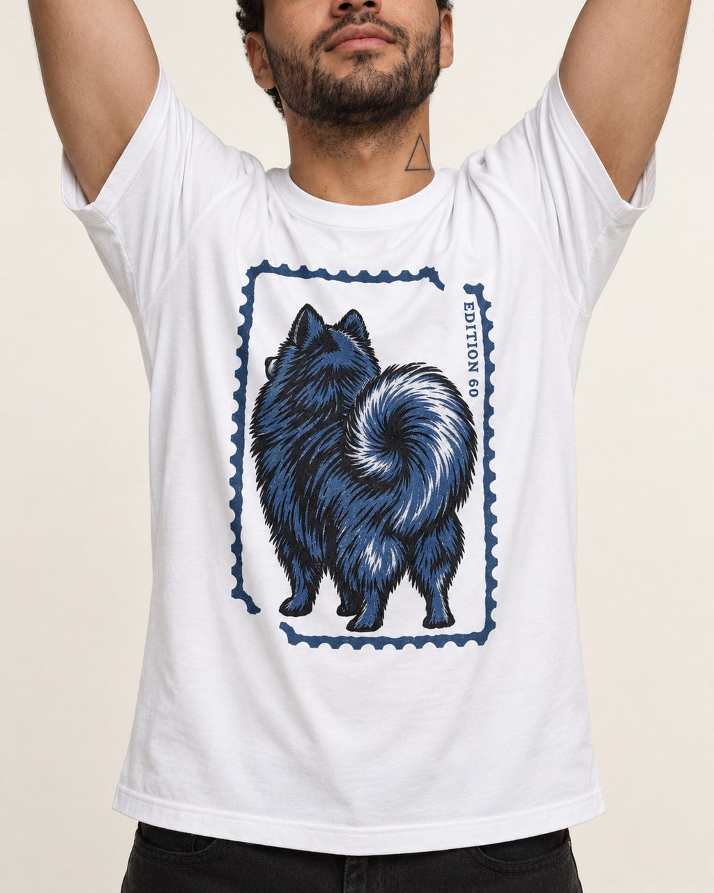 Pomeranian Pride T-Shirt in White, worn by a model, front view
