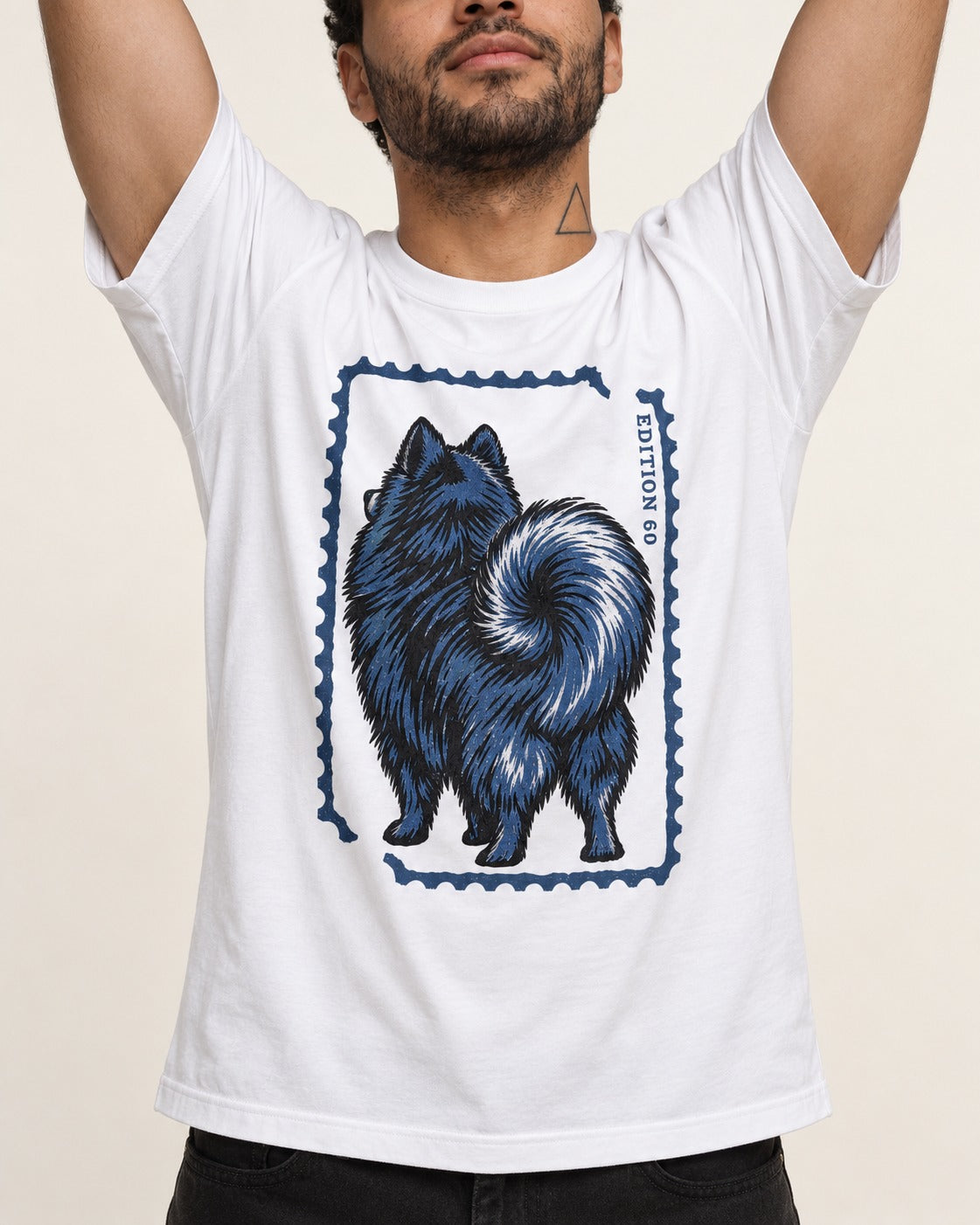 Pomeranian Pride T-Shirt in White, worn by a model, front view