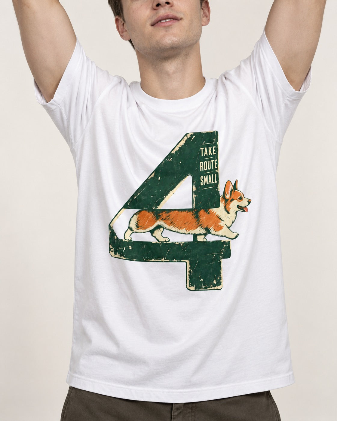 Take Route Small Corgi T-Shirt in White, worn by a model, front view
