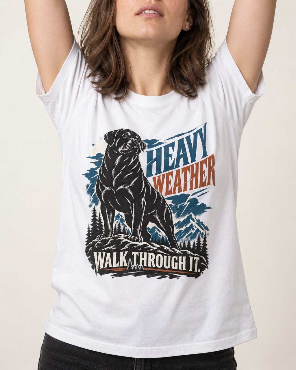 Heavy Weather Rottweiler T-Shirt in White, worn by a model, front view