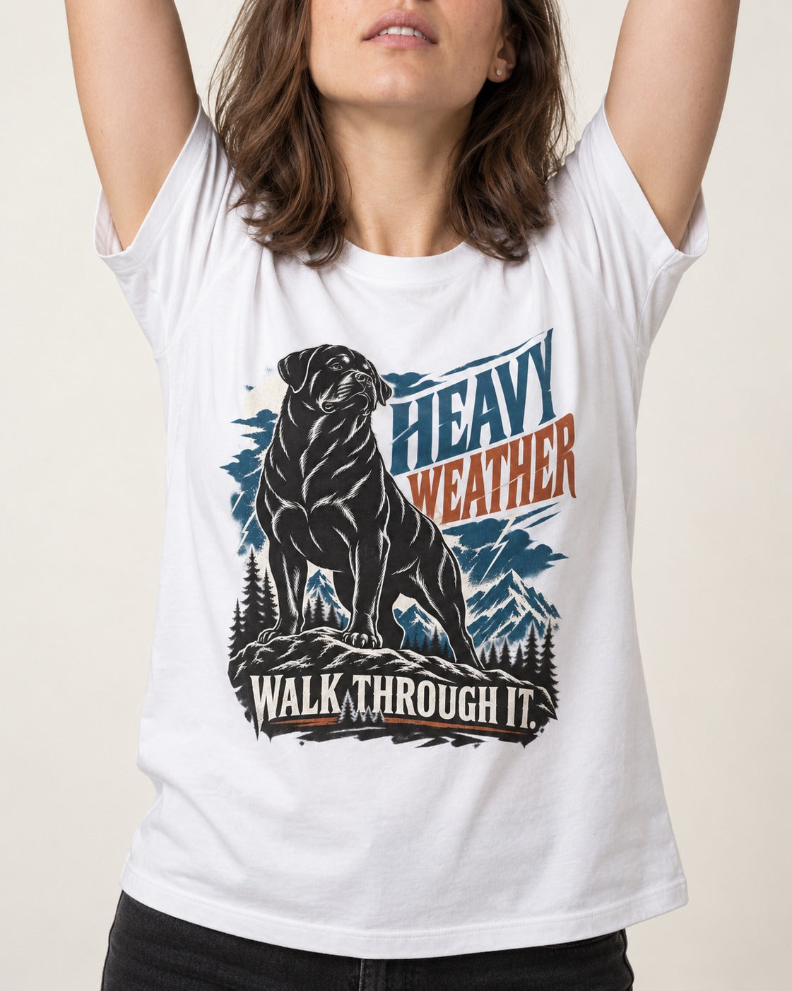Heavy Weather Rottweiler T-Shirt in White, worn by a model, front view